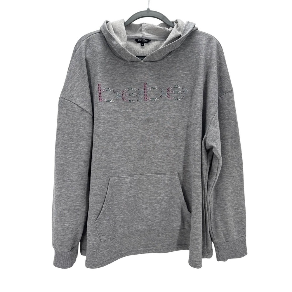 Bebe Sport‎ Hoodie 2X Gray Rhinestone Logo Pullover Y2K Athleisure Plus Size
